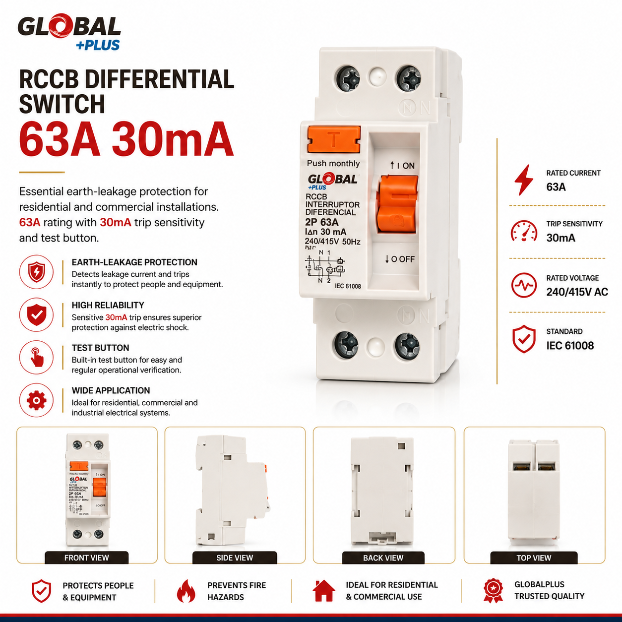 RCCB Differential Switch 63A 30mA — Type: 2 Pole RCCB