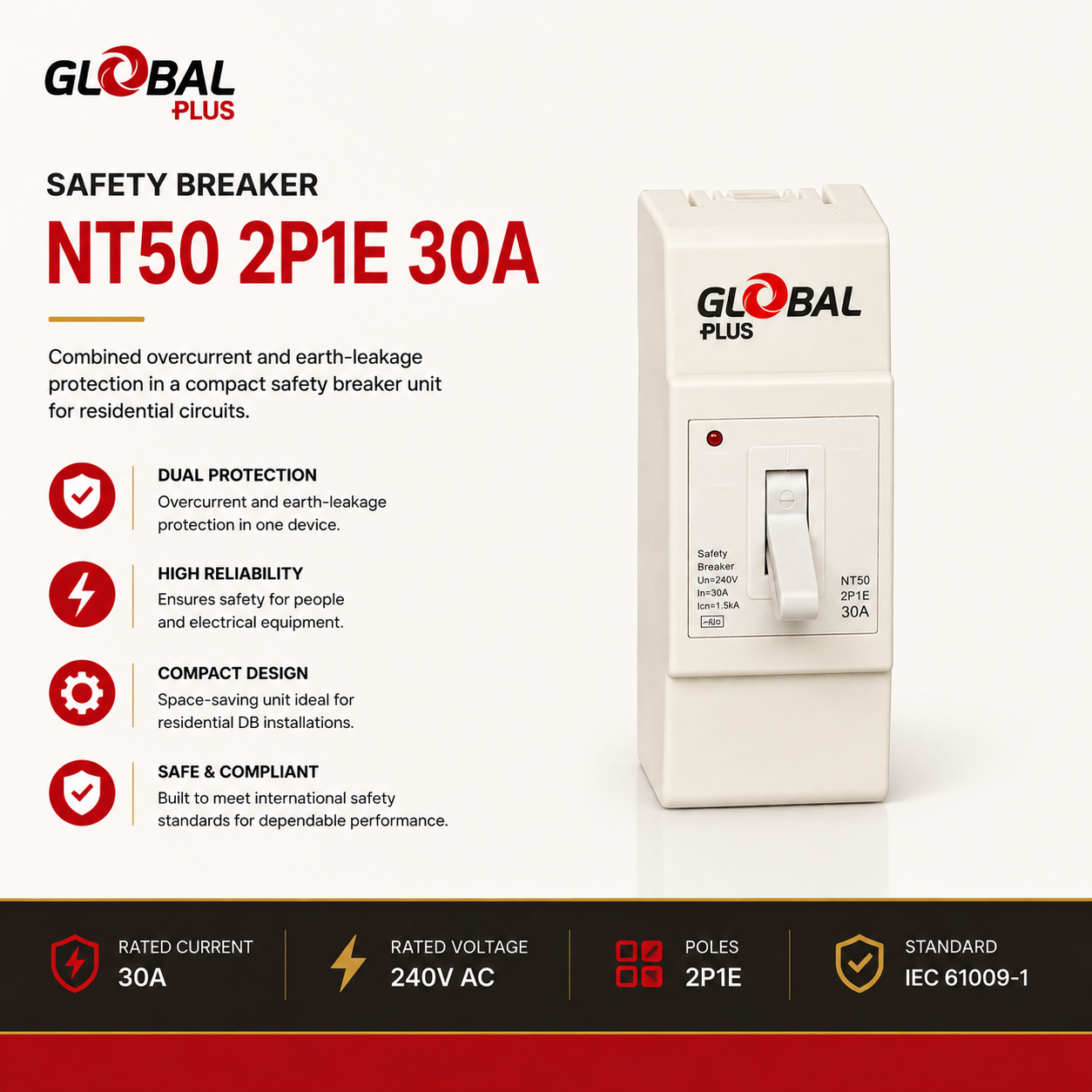 Safety Breaker NT50 2P1E 30A — Model: NT50 2P1E
